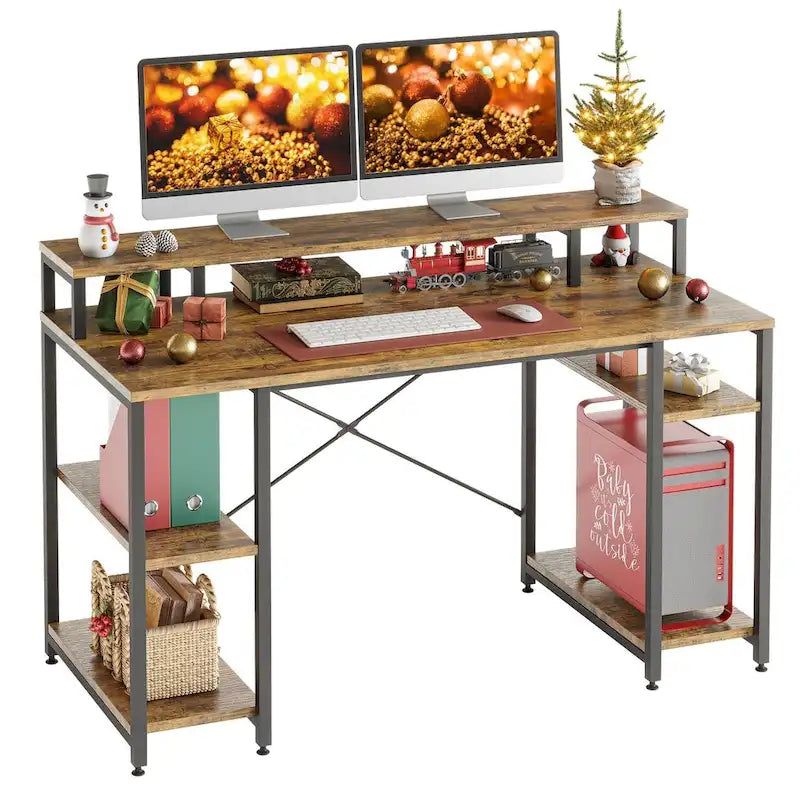 Bureau d'ordinateur 55 pouces en fibre de carbone / chêne / anthracite / gris avec étagère pour moniteur, double écran