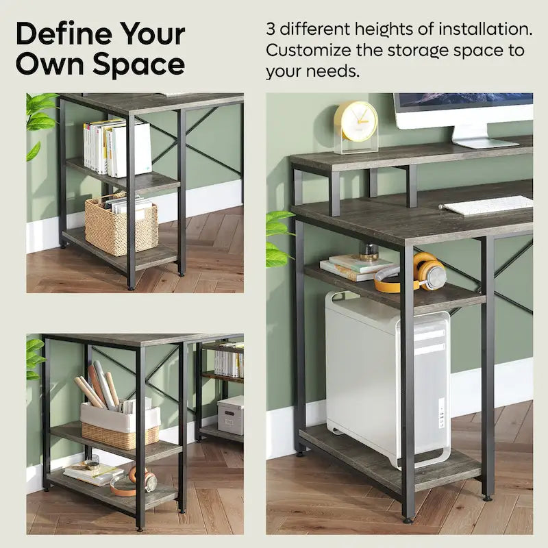Bureau d'ordinateur 55 pouces en fibre de carbone / chêne / anthracite / gris avec étagère pour moniteur, double écran