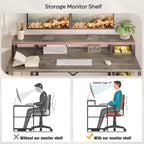 Bureau d'ordinateur 55 pouces en fibre de carbone / chêne / anthracite / gris avec étagère pour moniteur, double écran