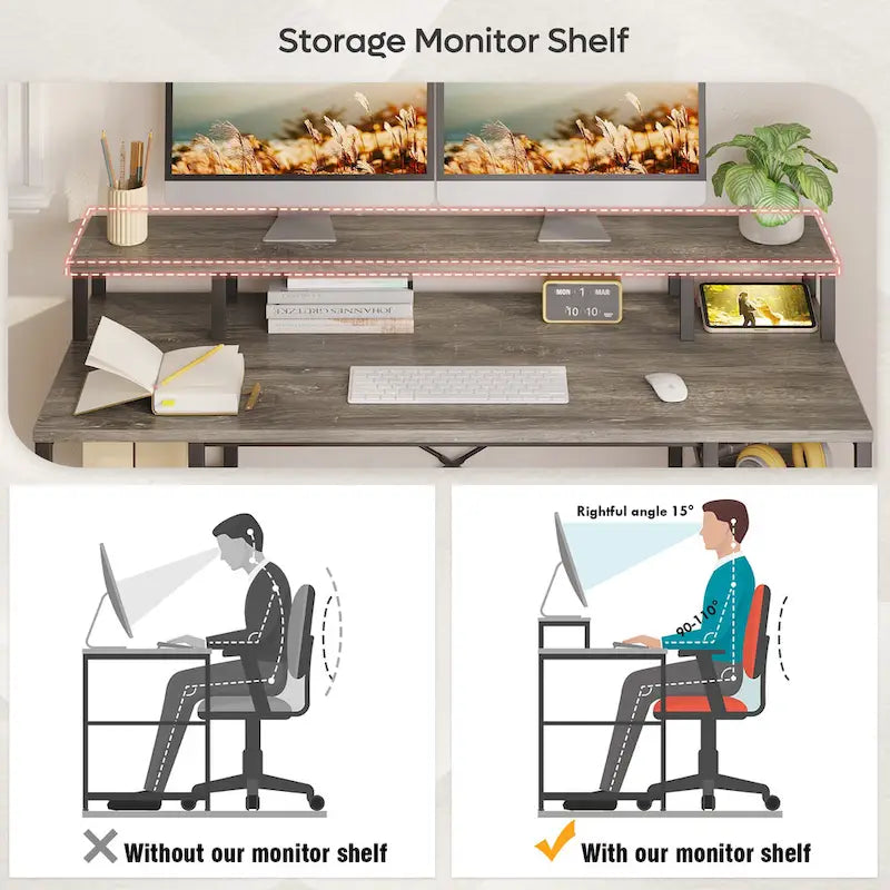 Bureau d'ordinateur 55 pouces en fibre de carbone / chêne / anthracite / gris avec étagère pour moniteur, double écran