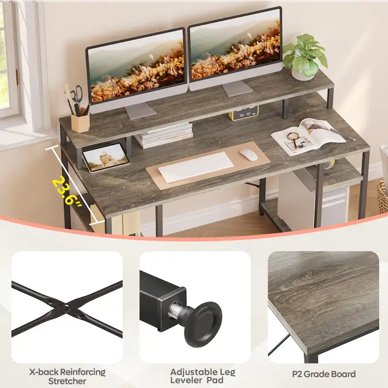 Bureau d'ordinateur 55 pouces en fibre de carbone / chêne / anthracite / gris avec étagère pour moniteur, double écran