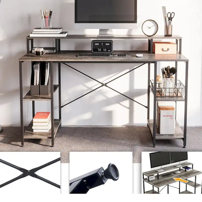 Bureau d'ordinateur 55 pouces en fibre de carbone / chêne / anthracite / gris avec étagère pour moniteur, double écran