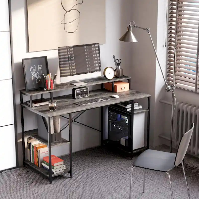 Bureau d'ordinateur 55 pouces en fibre de carbone / chêne / anthracite / gris avec étagère pour moniteur, double écran