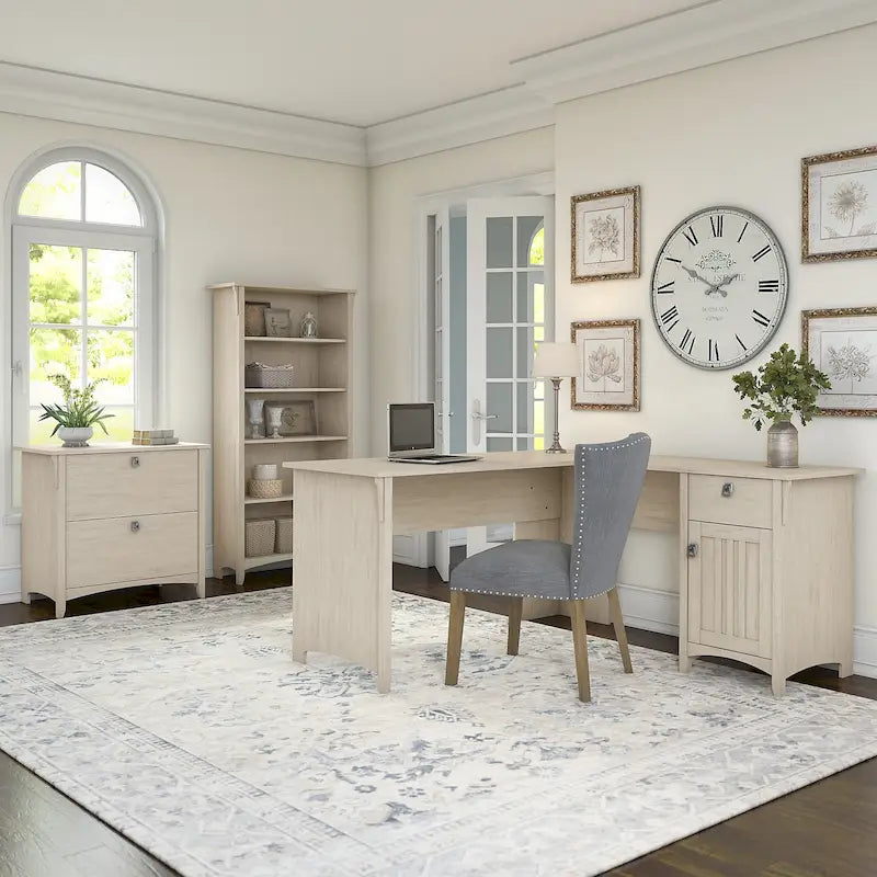 Ensemble de bureau en L blanc antique avec classeur et bibliothèque, 3 pièces