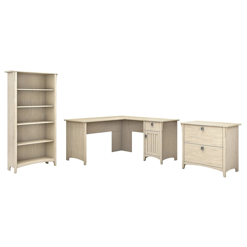Ensemble de bureau en L blanc antique avec classeur et bibliothèque, 3 pièces
