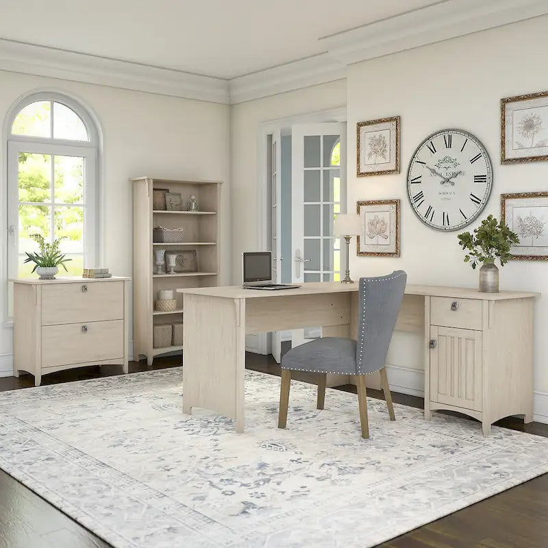Ensemble de bureau en L blanc antique avec classeur et bibliothèque, 3 pièces