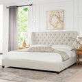 Lit plateforme king capitonné avec ailes en lin beige clair / velours gris opale / polyester blanc antique, 2 personnes