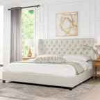 Lit plateforme king capitonné avec ailes en lin beige clair / velours gris opale / polyester blanc antique, 2 personnes