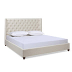 Lit plateforme king capitonné avec ailes en lin beige clair / velours gris opale / polyester blanc antique, 2 personnes