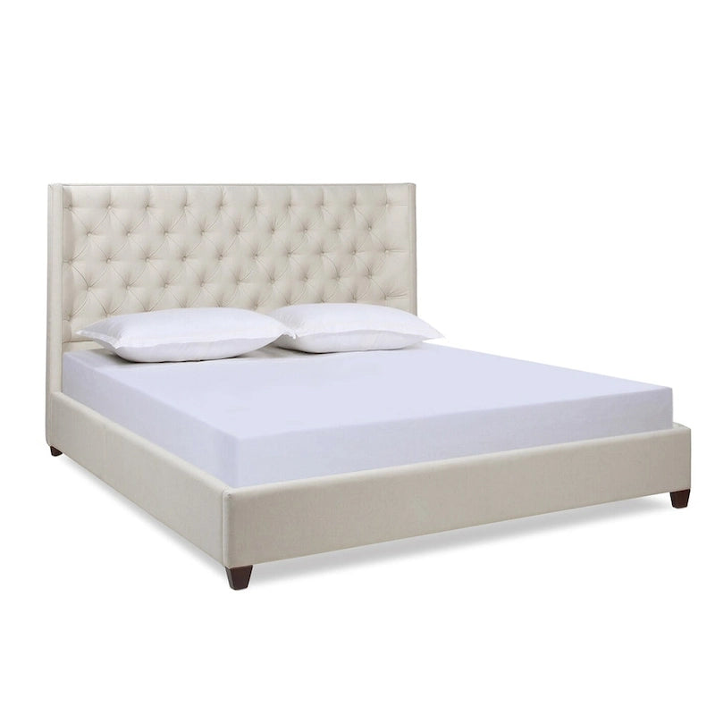Lit plateforme capitonné King à oreilles en lin beige clair/velours gris opale/polyester blanc antique, 2 personnes
