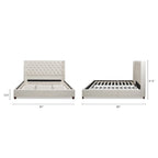 Lit plateforme king capitonné avec ailes en lin beige clair / velours gris opale / polyester blanc antique, 2 personnes