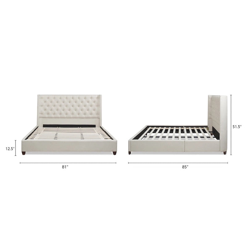 Lit plateforme capitonné King à oreilles en lin beige clair/velours gris opale/polyester blanc antique, 2 personnes