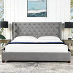 Lit plateforme king capitonné avec ailes en lin beige clair / velours gris opale / polyester blanc antique, 2 personnes