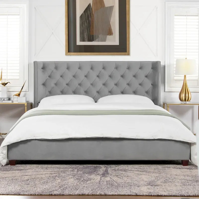 Lit plateforme king capitonné avec ailes en lin beige clair / velours gris opale / polyester blanc antique, 2 personnes