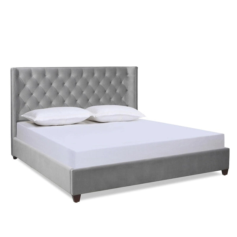 Lit plateforme king capitonné avec ailes en lin beige clair / velours gris opale / polyester blanc antique, 2 personnes