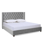Lit plateforme king capitonné avec ailes en lin beige clair / velours gris opale / polyester blanc antique, 2 personnes