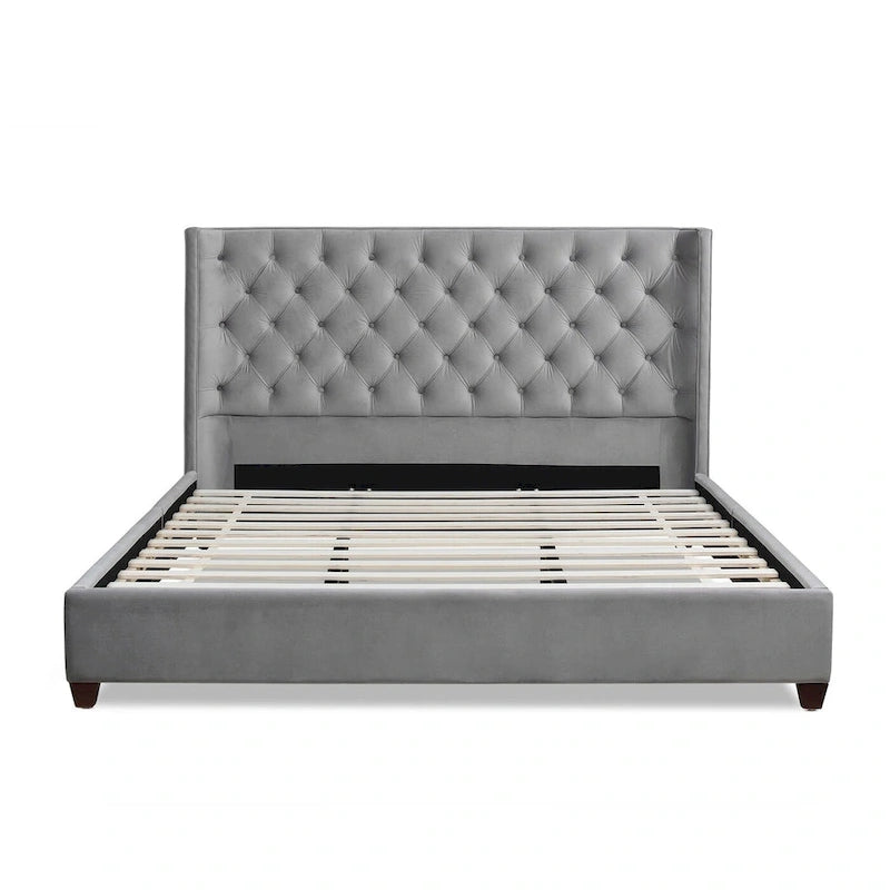 Lit plateforme king capitonné avec ailes en lin beige clair / velours gris opale / polyester blanc antique, 2 personnes