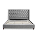 Lit plateforme king capitonné avec ailes en lin beige clair / velours gris opale / polyester blanc antique, 2 personnes