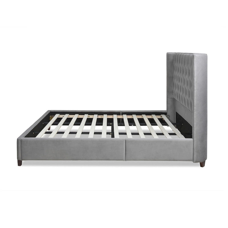 Lit plateforme king capitonné avec ailes en lin beige clair / velours gris opale / polyester blanc antique, 2 personnes
