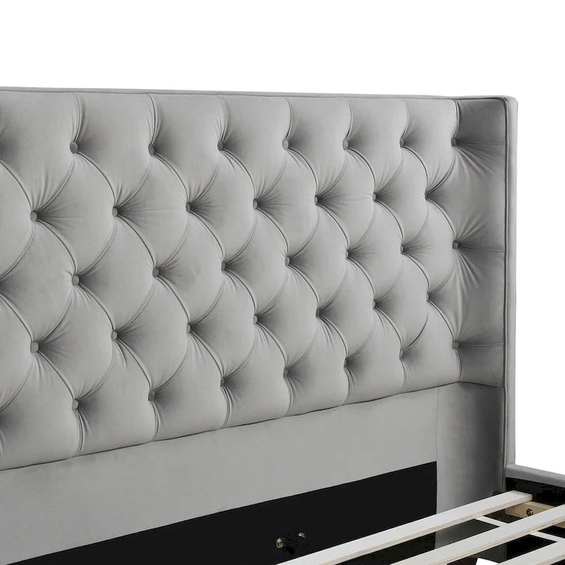 Lit plateforme king capitonné avec ailes en lin beige clair / velours gris opale / polyester blanc antique, 2 personnes