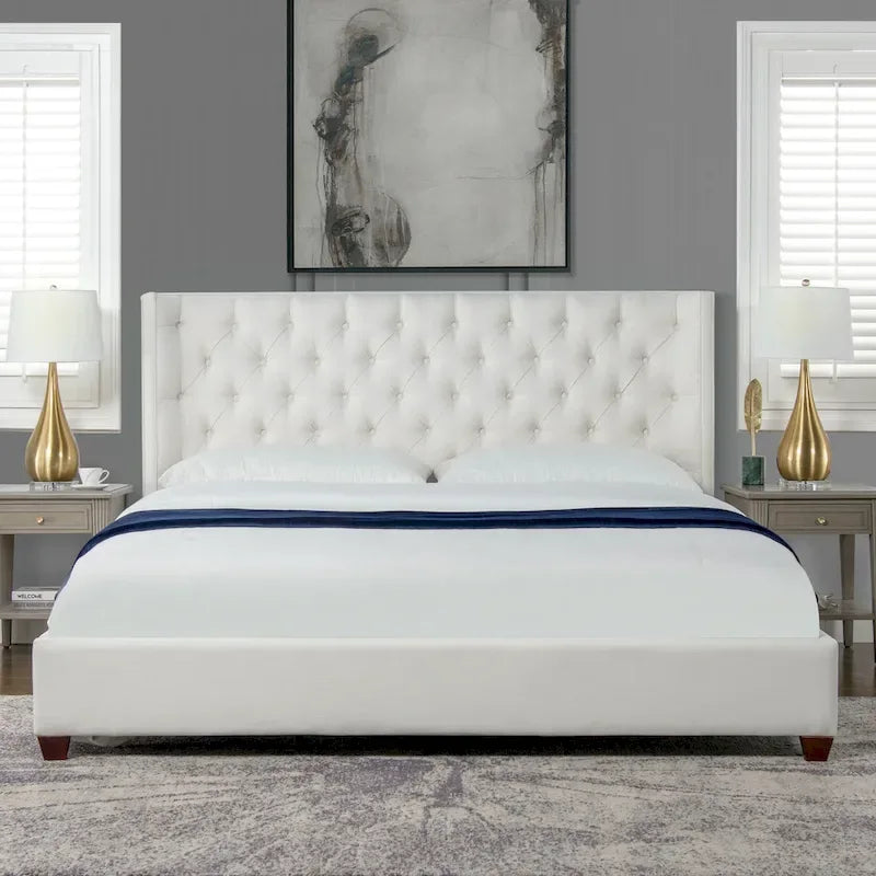Lit plateforme king capitonné avec ailes en lin beige clair / velours gris opale / polyester blanc antique, 2 personnes