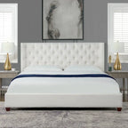 Lit plateforme king capitonné avec ailes en lin beige clair / velours gris opale / polyester blanc antique, 2 personnes