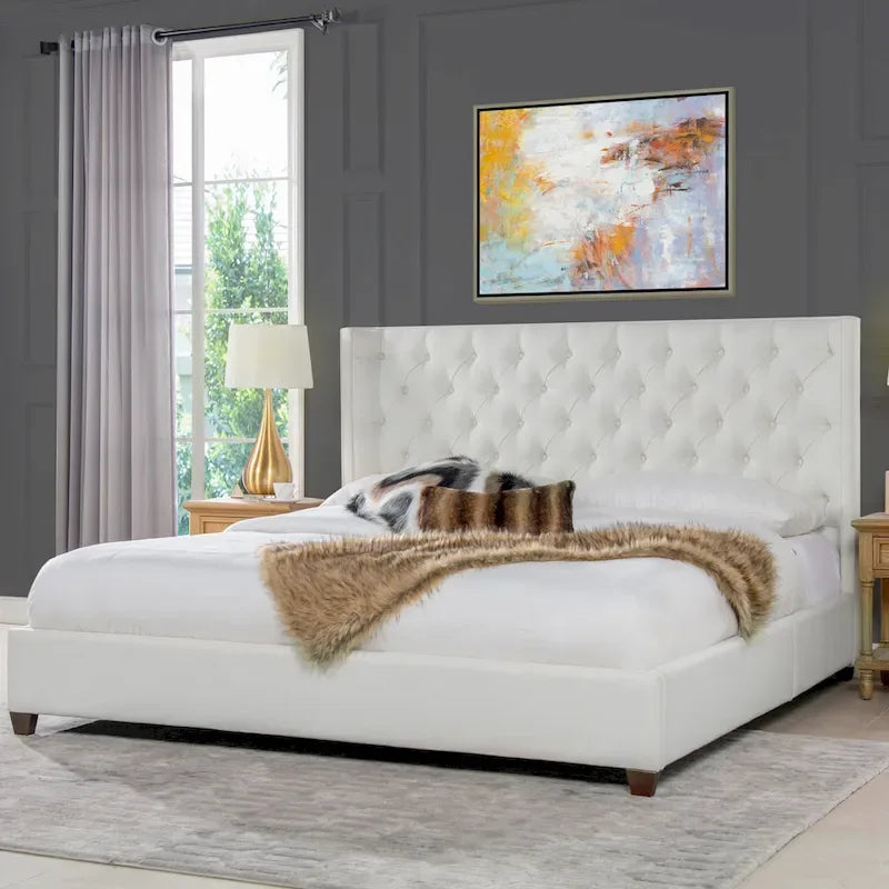 Lit plateforme king capitonné avec ailes en lin beige clair / velours gris opale / polyester blanc antique, 2 personnes