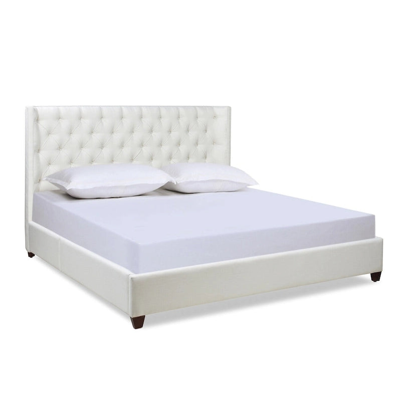 Lit plateforme king capitonné avec ailes en lin beige clair / velours gris opale / polyester blanc antique, 2 personnes