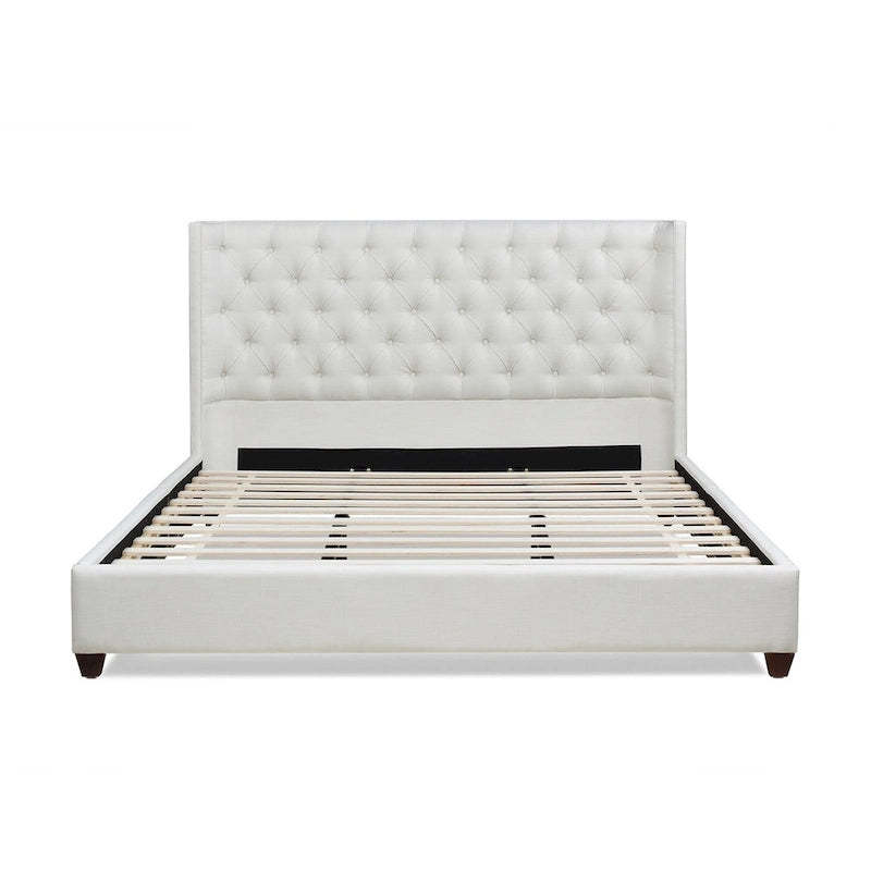 Lit plateforme king capitonné avec ailes en lin beige clair / velours gris opale / polyester blanc antique, 2 personnes