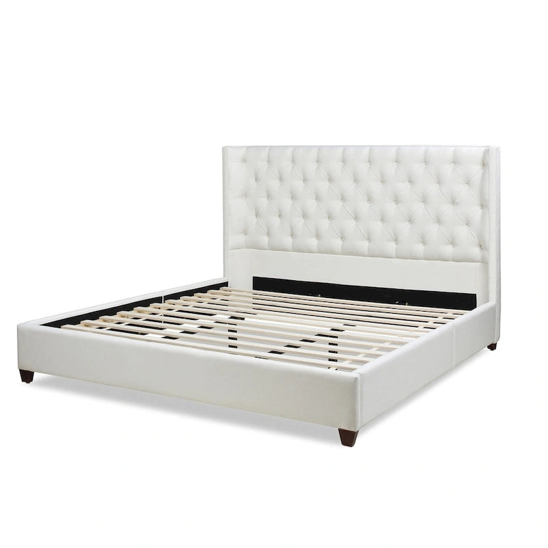 Lit plateforme king capitonné avec ailes en lin beige clair / velours gris opale / polyester blanc antique, 2 personnes