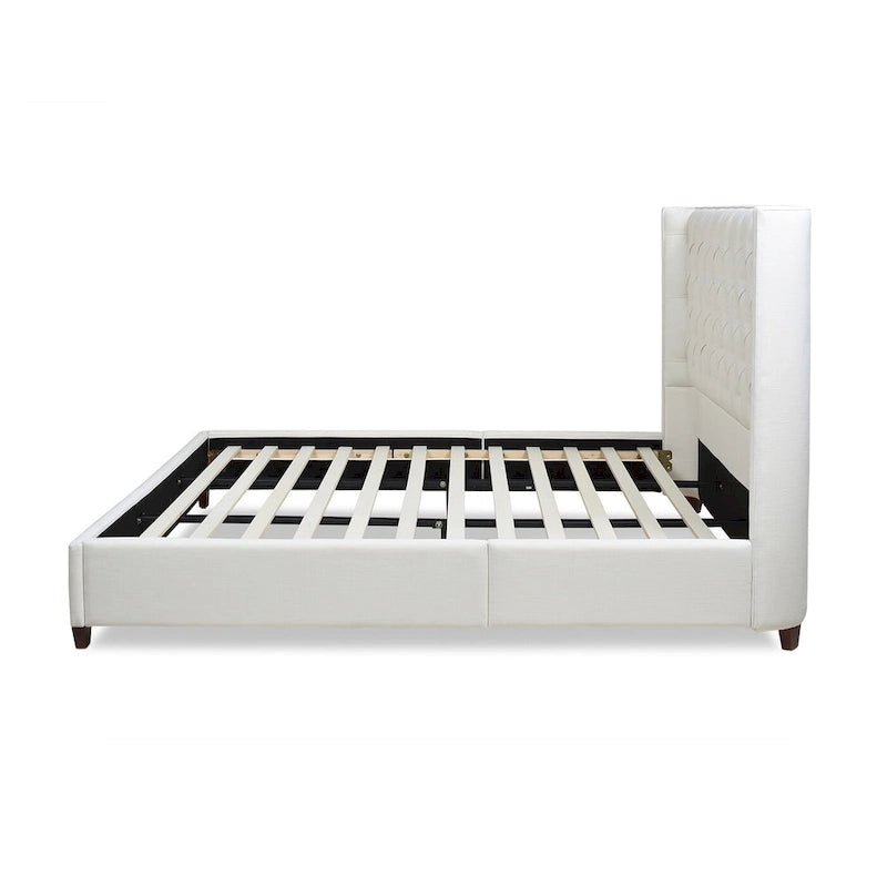 Lit plateforme king capitonné avec ailes en lin beige clair / velours gris opale / polyester blanc antique, 2 personnes