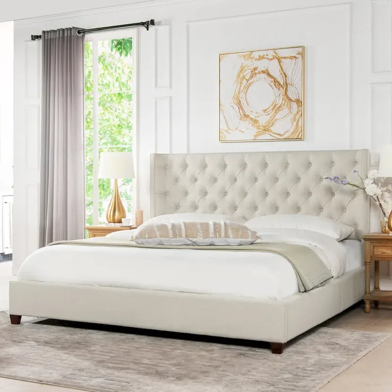 Lit plateforme king capitonné avec ailes en lin beige clair / velours gris opale / polyester blanc antique, 2 personnes