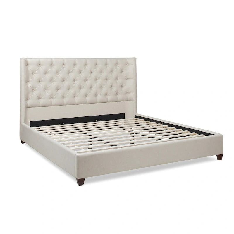 Lit plateforme king capitonné avec ailes en lin beige clair / velours gris opale / polyester blanc antique, 2 personnes