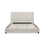Lit plateforme king capitonné avec ailes en lin beige clair / velours gris opale / polyester blanc antique, 2 personnes