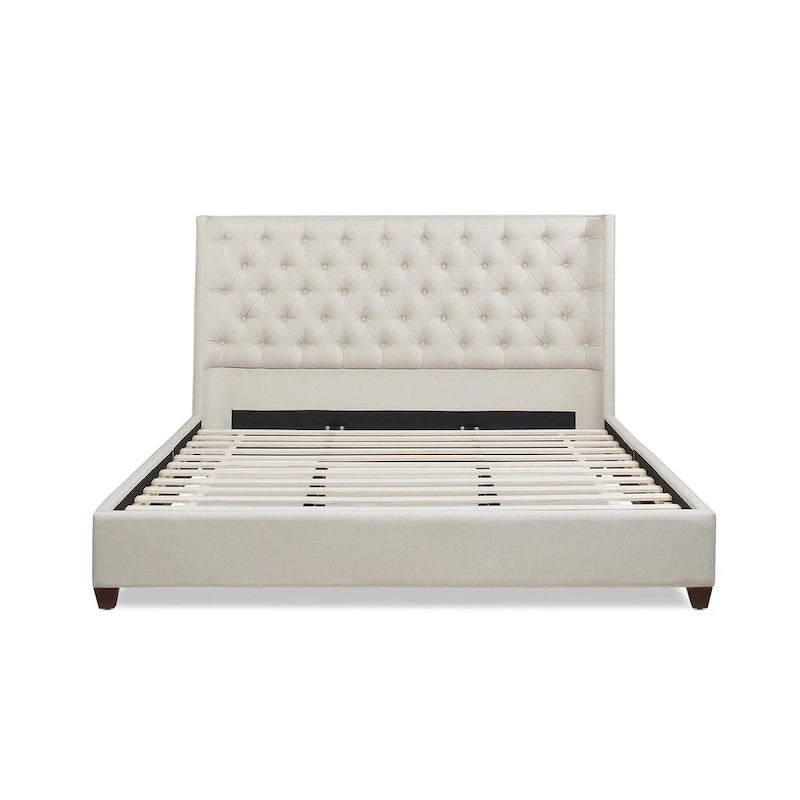 Lit plateforme king capitonné avec ailes en lin beige clair / velours gris opale / polyester blanc antique, 2 personnes