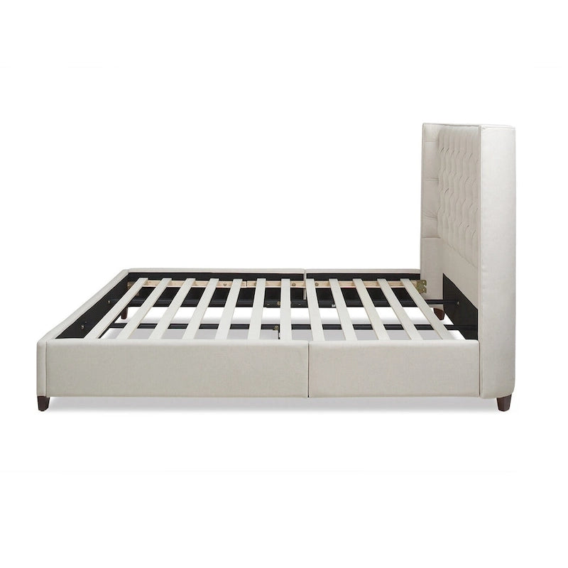 Lit plateforme king capitonné avec ailes en lin beige clair / velours gris opale / polyester blanc antique, 2 personnes