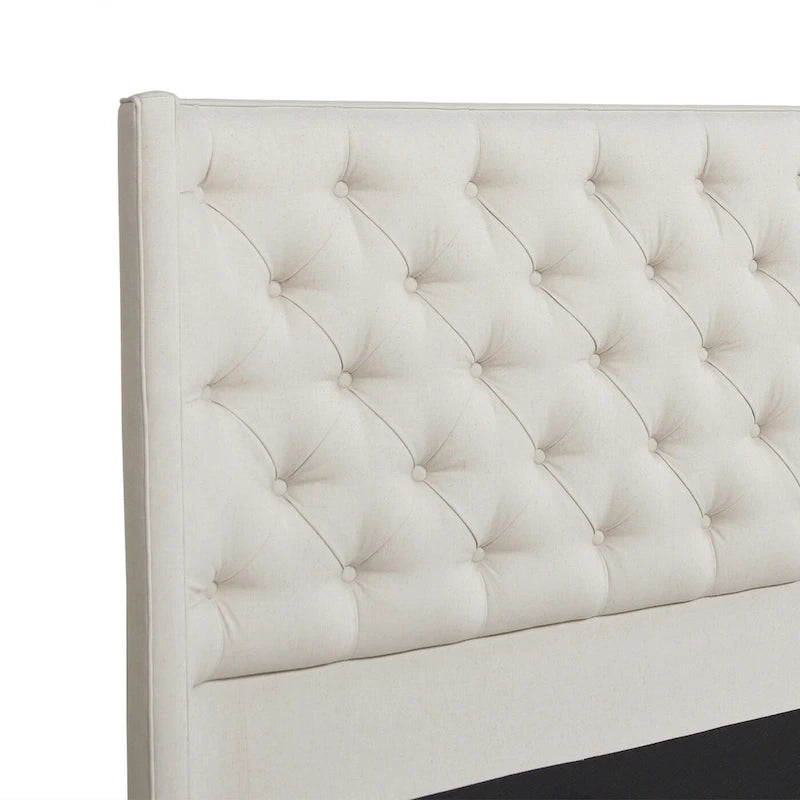Lit plateforme king capitonné avec ailes en lin beige clair / velours gris opale / polyester blanc antique, 2 personnes