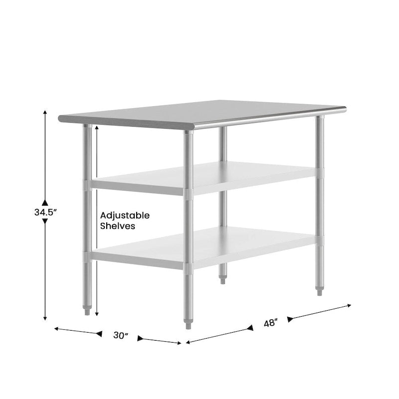 Table de travail et de préparation commerciale en acier inoxydable argenté avec deux étagères inférieures, pour 1 personne