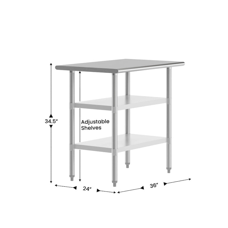 Table de travail et de préparation commerciale en acier inoxydable argenté avec deux étagères inférieures, pour 1 personne