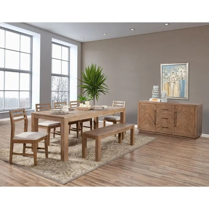 Table à manger fixe en bois vieilli avec incrustation en chevrons
