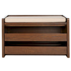 Banc de rangement avec cadre en noyer / bois laqué blanc / bois noir, siège en lin et PU, 2 places