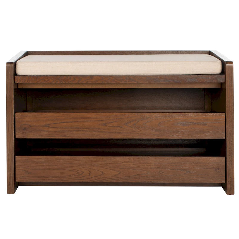Banc de rangement en noyer / finition blanchie / bois noir avec cadre, siège en lin et similicuir, 2 places