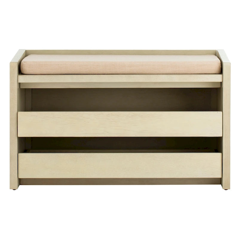 Banc de rangement en noyer / finition blanchie / bois noir avec cadre, siège en lin et similicuir, 2 places