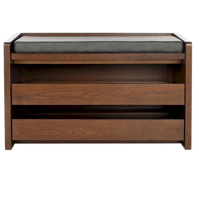 Banc de rangement en noyer / finition blanchie / bois noir avec cadre, siège en lin et similicuir, 2 places