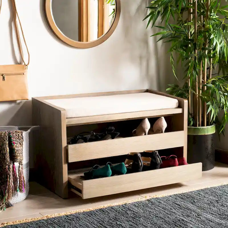 SAFAVIEH Roseanna Shoe Storage Bench Oak / Beige - 34 W x 18 D x 21 H - 34Wx18Dx21H