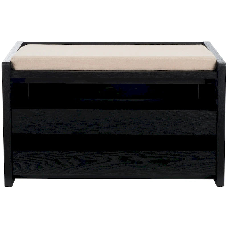 Banc de rangement en noyer / finition blanchie / bois noir avec cadre, siège en lin et similicuir, 2 places