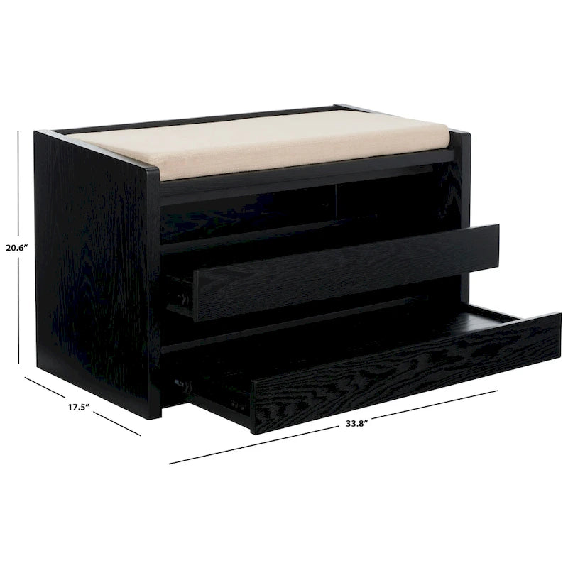 Banc de rangement avec cadre en noyer / bois laqué blanc / bois noir, siège en lin et PU, 2 places