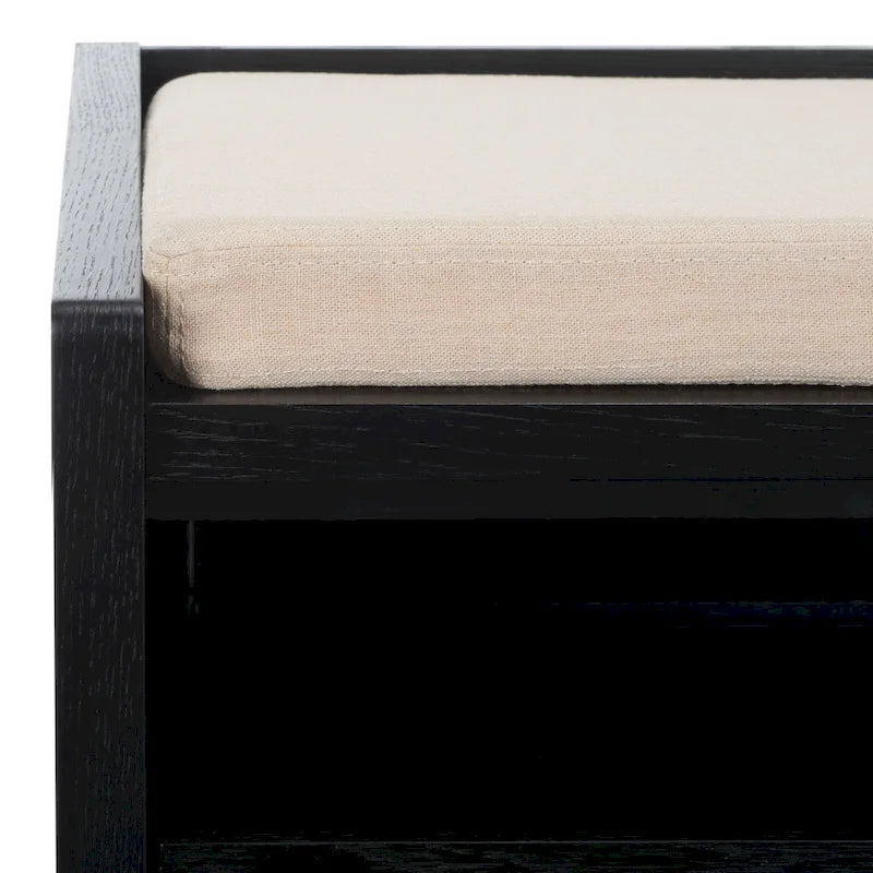 Banc de rangement avec cadre en noyer / bois laqué blanc / bois noir, siège en lin et PU, 2 places