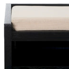 Banc de rangement avec cadre en noyer / bois laqué blanc / bois noir, siège en lin et PU, 2 places