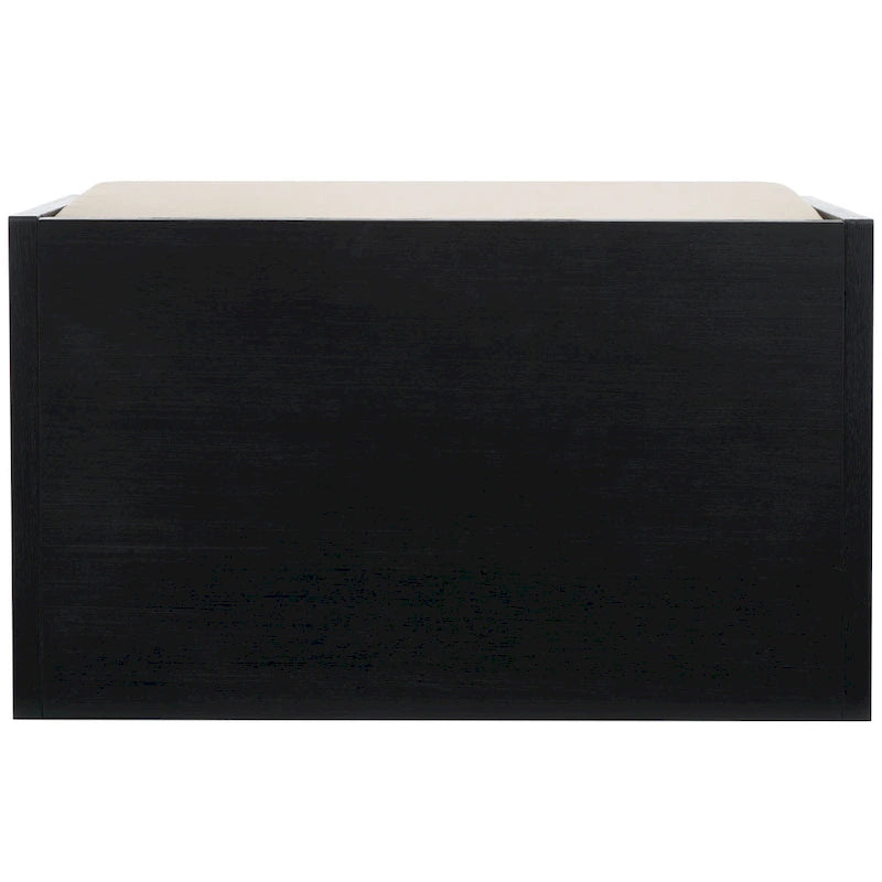 Banc de rangement avec cadre en noyer / bois laqué blanc / bois noir, siège en lin et PU, 2 places